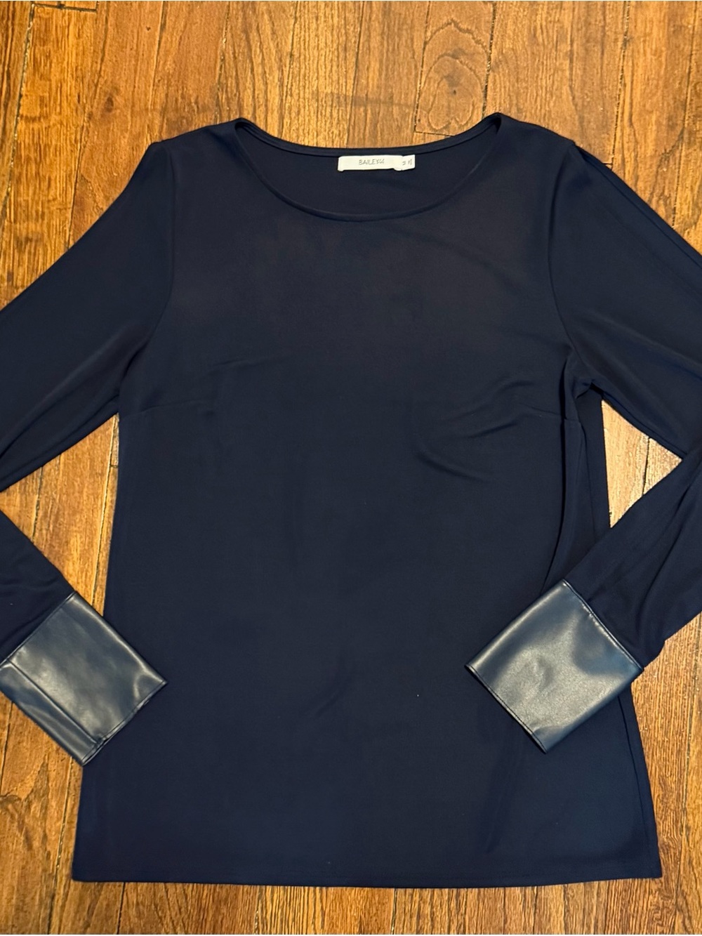 Bailey44 Navy Top With Cutout Sleeves, Jersey Fabric, Faux Leather Cuffs Size M